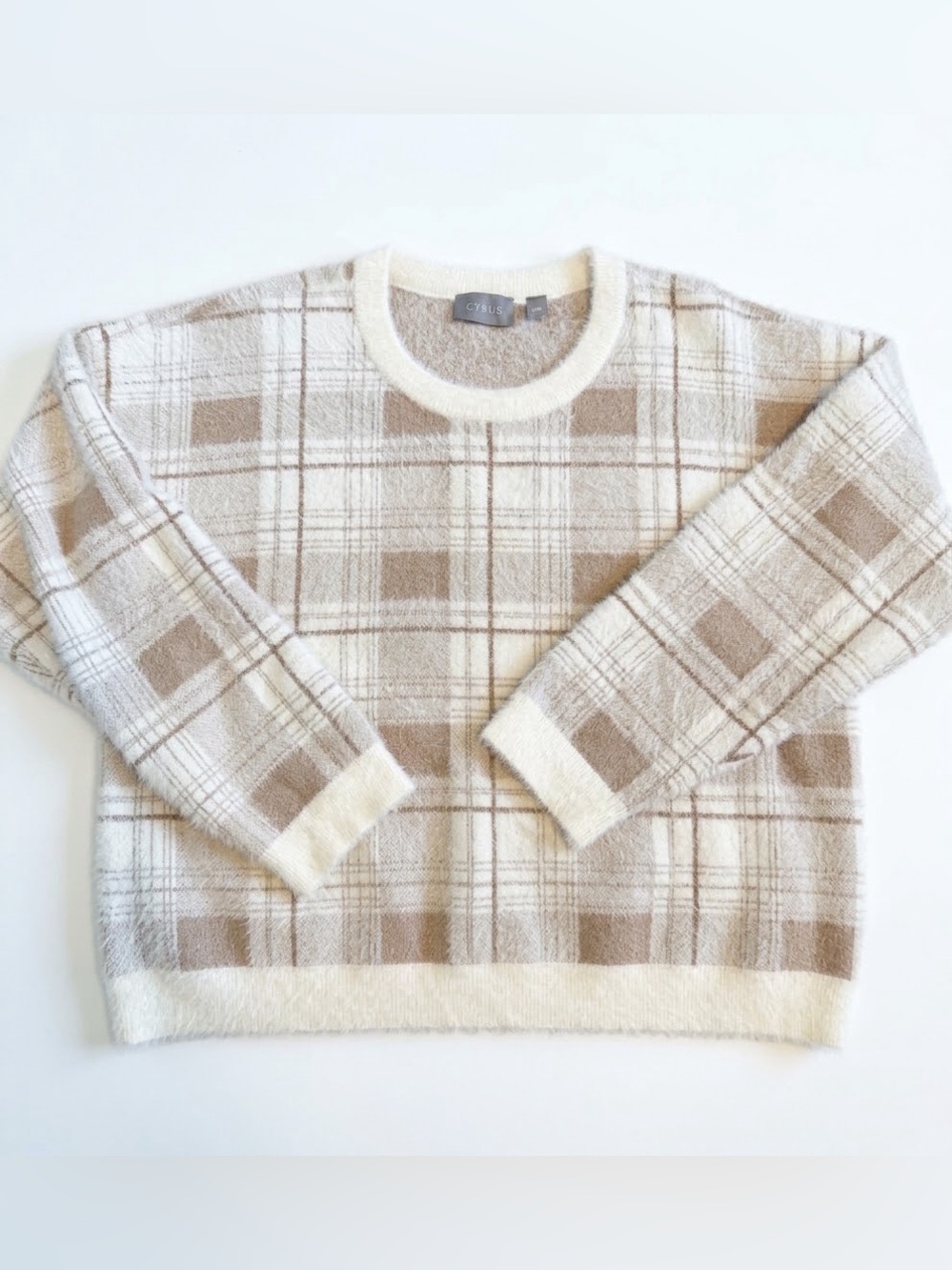 CYRUS Fuzzy Plaid Pullover Sweater White Beige Size L Windowpane Cozy